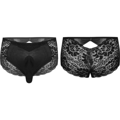 Mens Gay Sexy Lingerie Panties Lace Briefs Elastic Waistband JJ Jockstraps Bulge Pouch Hot Sissy Exotic Underwear Underpants