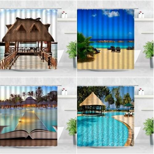 3D Seaside Resort Scenery Shower Curtains Coconut Tree Beach Swimming Pool Ocean View Waterproof Bathroom Decor Bath Curtain Set