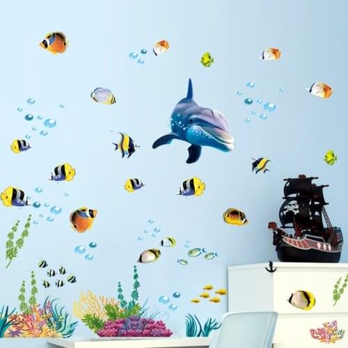 Waterproof bathroom kitchen wall sticker ocean deep water sea home decor stickers dolphin fish decorative decal mural kids room