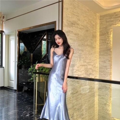 Women Satin Sleeveless Nightgowns Dress Ladies Summer V-Neck Fishtail Design Long Dress Suspender Sexy Solid Color Party Dresses