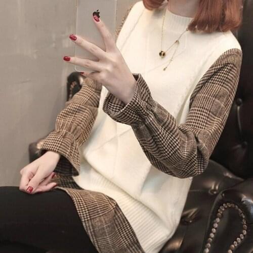 Womens sweater plaid trumpet sleeve knitted bottoming shirt female 2020 loose sweater female fake two pieces