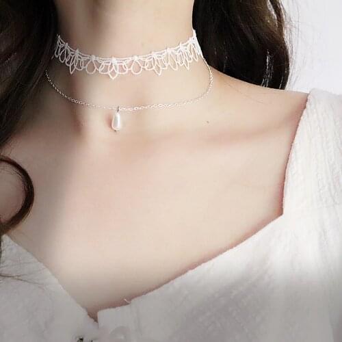 White Lace Flower Double Pearl Pendant Necklace Choker Clavicle Chain Necklace Female