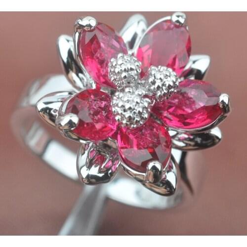 Flower Design Red Stone Silver Plated Color For Women Jewelry Rings Free Shipping Size 6 7 8 9 SA015