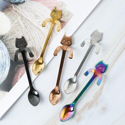 1Pcs Cute Cartoon Stainless Steel Kitten Coffee Spoons Creative Hang Stir Coffee Cup Spoon Practical Mini Coffeeware