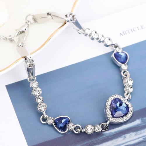 1pcs Fashion Women Girls Ocean Blue Austrian Sliver Plated Crystal Rhinestone fine jewelry Gift fashion Heart Bangle Bracelet