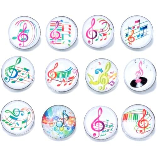 12pcs/lot Colorful Music Symbol Pattern Charms 18mm Glass Snap Button For DIY Charms Bracelet 18mm Snaps Jewelry KZ0175