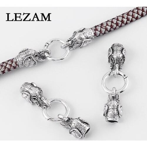 2sets Antique Elephant Head Nose End Cap Spring Clasp For 8mm Round Leather Cord Diy Bracelet Jewelry Findings Bijoux