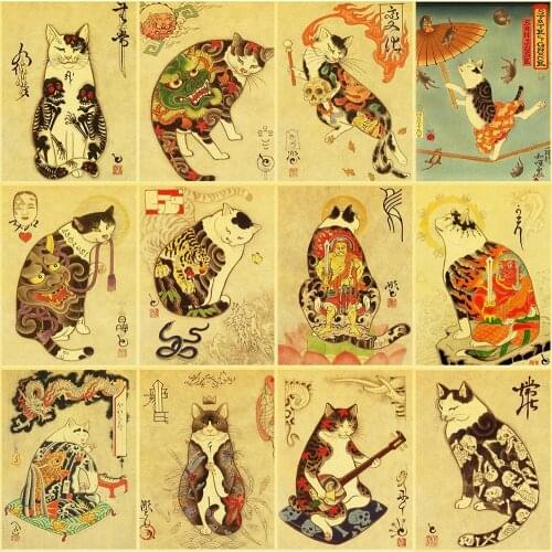 5D DIY Vintage Japanese Samurai Cat Diamond Painting Tattoo Cat Retro Posters Canvas Mosaic Embroidery Wall Painting For Home