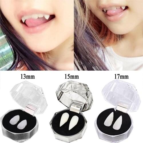 Besegad 2PCS 13/15/17mm Vampire Teeth Zombie Ghost Devil Dentures Fangs Canine Fake Tooth with Case Halloween Cosplay Prop Toy