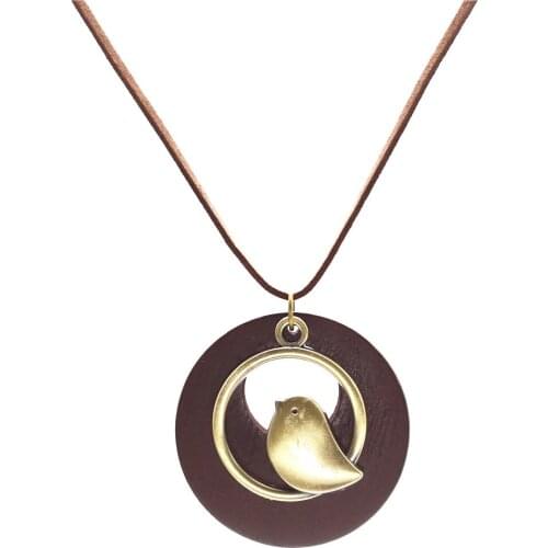 Long Sweater Chain Round Wood Bronze Alloy Bird Pendant Women Necklace Femme Men Homme Jewelry Freely Shipping