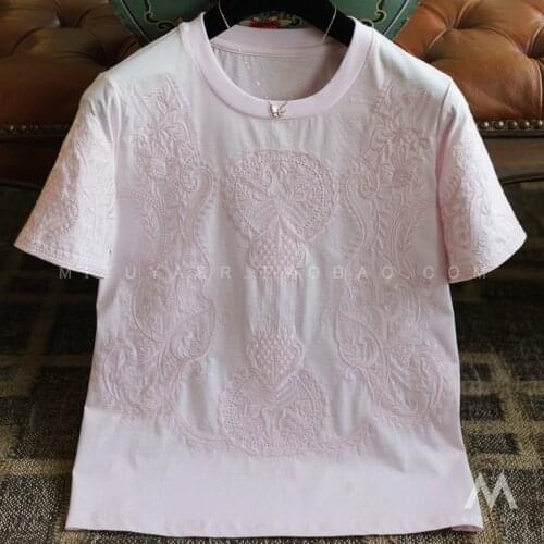 Selfies ten thousand needle Peiris embroidery mercerized cotton short sleeve T-shirt 2020-04C