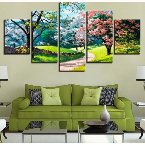 Hd Canvas Painting Living Room Home Decoration 5 Pcs Flower Tree Spring Scenery Picture Modular Modern Wall Art Poster Frameless