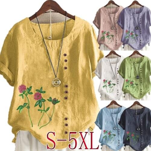 Summer Womens New Fashion Casual Linen Shirt Round Neck Printing T-shirt Short Sleeve Tops Loose Blouse S-5XL