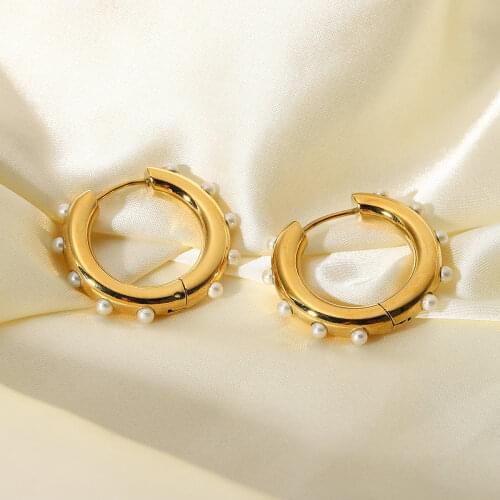 Statement Mini Pearl Earrings Stainless Steel Jewelry 18K Gold Plated Hoop Earrings For Women Girls