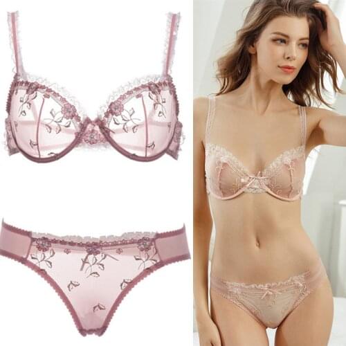 Plus Size Bra&Briefs Set Sexy Lace Floral Bow Women Underwear Comfortable Breathable Ultra-Thin Push Up Sensual Lingerie