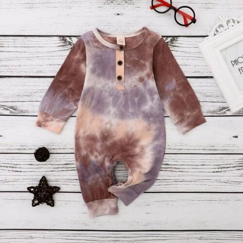Pudcoco Baby Boy Girl Button Rompers Long Sleeve Tie Dye Print One Piece Jumpsuit Autumn Spring Warm Cozy Soft Clothes 0-18M