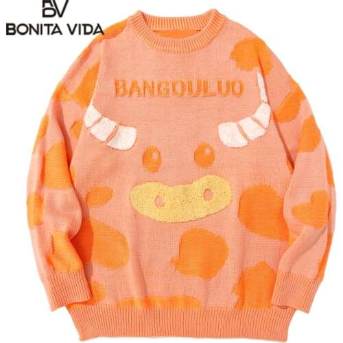 Bonita Vida Sweaters Harajuku Embroidery Cartoon Cow Knitted Pullover Jumpers Streetwear Hip Hop Fashion Casual Knitwear Tops