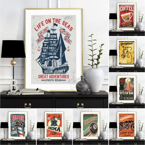 Retro Cinema Coffee Bike Billiards Vodka Beer Barber Advertising Posters, Life On The Seas Ocean Journet Art Prints Home Decor