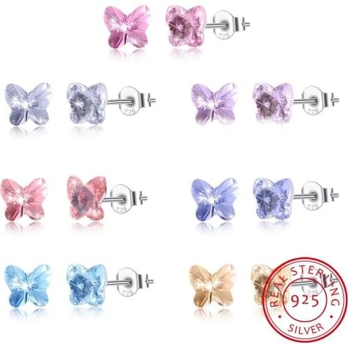 LEKANI Crystals ELEMENTS Butterfly Stud Earrings Cute Piercing S925 Silver Simple Fine Jewelry For Women Girls