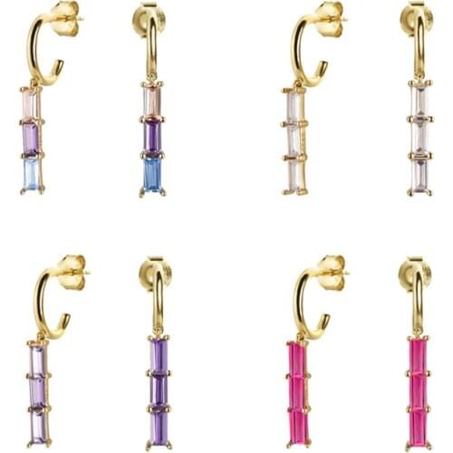 925 Silver Ear Needle C Shape Pendant Stud Earrings For Woman Ladies Engagement Party Colored Crystal Korean Earring Jewelry