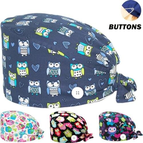 Scrub Cap 100% Cotton Owls Printing Adjustable Nursing Hats Beauty Salon Pet Shop Working Accessories Anime Scrubs Hat Women Men