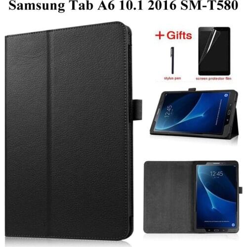 Slim Folding Flip Litchi PU Leather Case for Samsung Galaxy Tab A A6 10.1 2016 T585 T580 SM-T580 T580N Funda Case+Film+Pen