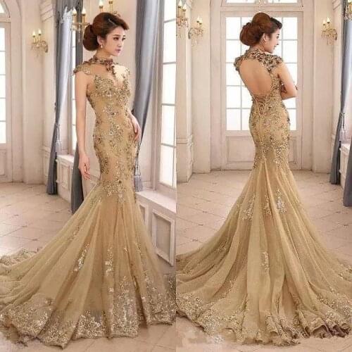 Evening Wear 2020 High Neck Court Train Mermaid Prom Gowns Custom Made Beaded Celebrity Champagne Formal Party evening dresses