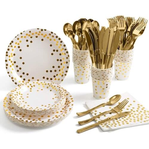 White Gold Party Supplies Golden Dot Disposable Dinnerware Sets Tableware for Graduation, Birthday, Cocktail