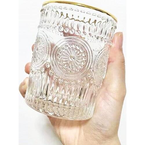 260/380ml Vintage Sunflower Engraved Gilded Glass Cup Coffee Wine Clear Mug