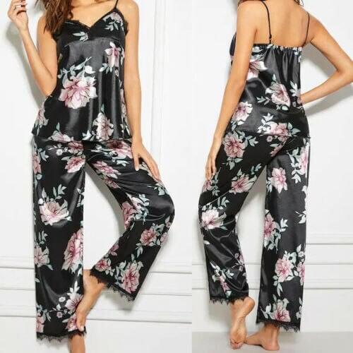 Women Faux Silk Sleepwear Satin Pajamas Set Vintage Flower Print Sleeveless Long Pants 2 Piece Autumn Winter Homewear