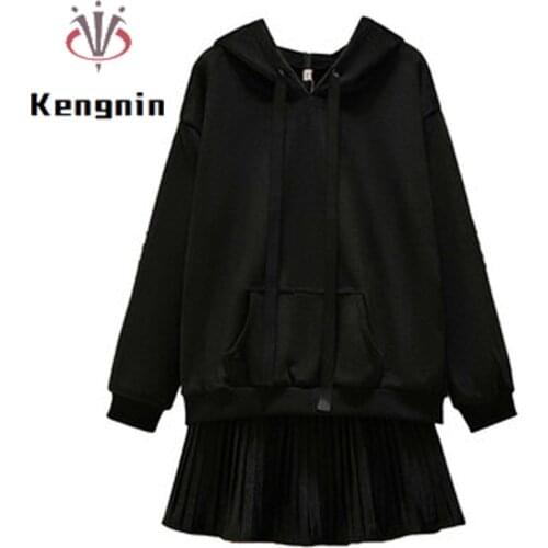 Loose Velvet Oversize Women Suits 2021 Autumn Winter Hooded Hoodies Sweatshirts + Pleated Elastic Waist Skirts Black Sets KE1772
