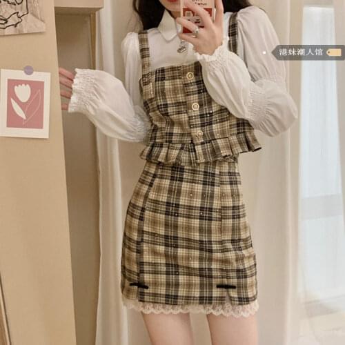 2021 Korean Fashion Vintage Style Square Collor Plaid Vest And Short Skirt Female Two-Piece Suit