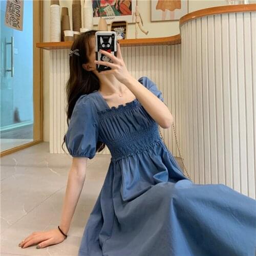 2021 Elegant Retro French Long Skirt Puff Sleeve Square Neck Dresses For Women Folds Preppy Style Harujuku Dress Summer