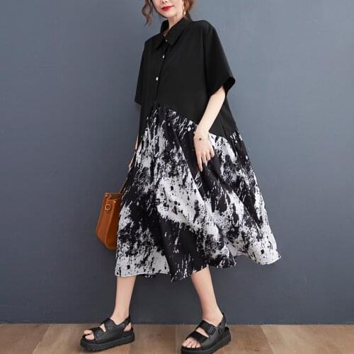 Japan Yamamoto style Dark Black Girls Blouse Dress Print Floral Fashion Women Summer Dress Cotton Holiday Travel Casual Dress