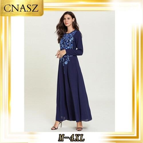 Abaya Turkish Fashion Comfortable Large Size Autumn Mumulmane Femme Blue Embroidered Round Neck Big Swing mMusulman Dress