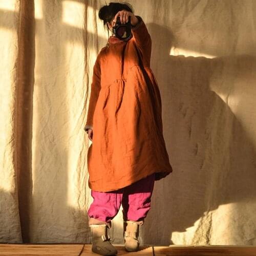 Women Loose Winter Padded Dress Ladies Loose Solid Color Cotton Linen Dress Female Warm Dresses