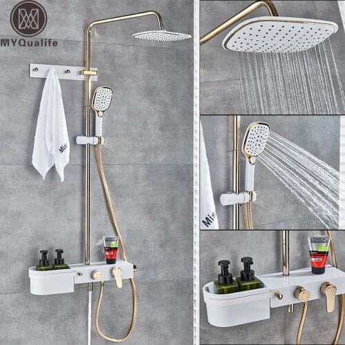 Golden White Shower Mixer System Wall Mount Storage Shelf Bath Shower Set Faucet Single Handle In Wall Hooks 8" Rain Shower Taps