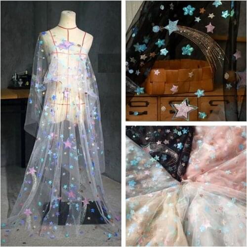 2Meters Embroidered Stars Net Gauze Fabric Sequined Embroidery Mesh Lace Fabric Baby Clothes Wedding Dress Decoration Meterial