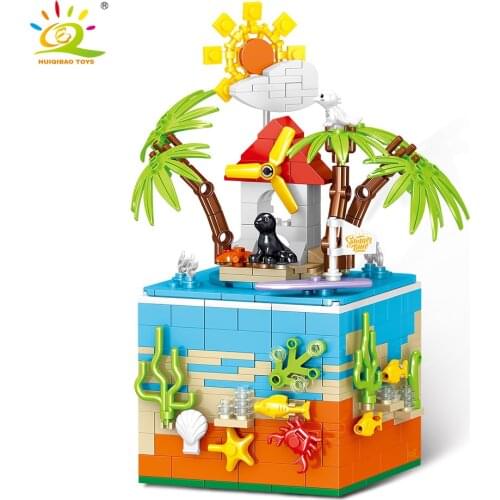 HUIQIBAO 425Pcs Sunny Sea Beach Rotating Music Box Model Building Blocks Technical Creator Bricks DIY Toy for Children Kids Gift