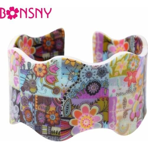 Bonsny Acrylic Fresh Flower Pattern Wide Love Bangles For Women 2017 New Fashion Jewelry Charm Bracelets Bijoux For Hloliday