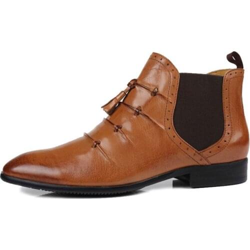 Italian Fashion Men Chelsea Boots Fashion Tassels Genuine Leather Business Party Shoes Male Slip On Office Wedding Dress Shoes