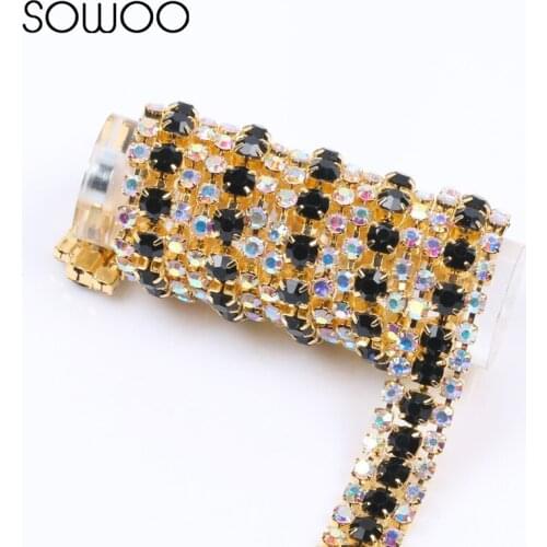 1 yards 3 rows close crystal rhinestone chain with SS8 crystal AB and SS16 black back stones in middle sliver setting