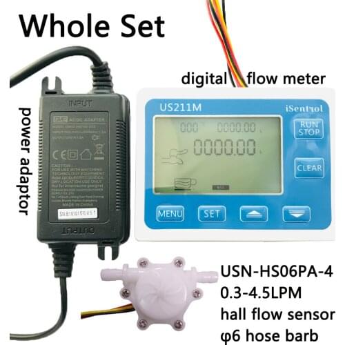 US211M Display with USN-HS06PA-4 Flow Meter Totalizer Flow Measurement 0.3-4.5L/min Range 6mm OD hose barb