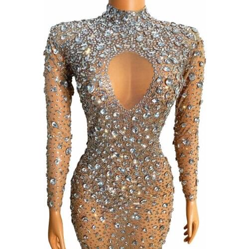 Flashing Silver Crystals Stones Sexy Transparent Long Dress Evening Birthday Celebrate Mesh Stretch Dance Dresses XS1628