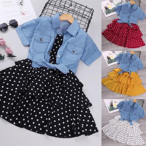 3-9Years Toddler Kids Baby Girls Denim Jacket Polka Dot Slip Layered Dress Set Outfits dress for girls Elegant lady Casual M4