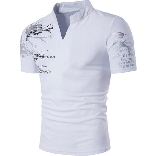 T-Shirts Men Summer Letter Print Stand Collar V Neck Short Sleeve T-Shirt Sli Top