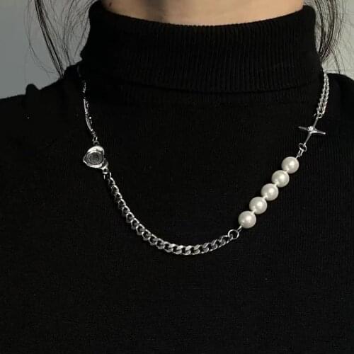 Hot Fashion Punk Choker Necklace Cross Reflective Imitation Pearl Pendant Necklaces For Women Men Vintage Jewelry Gift