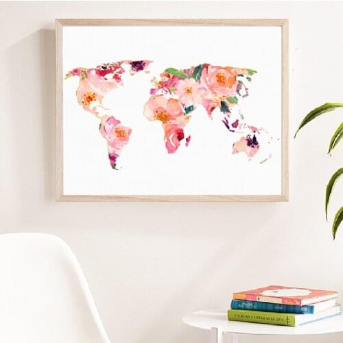 World Map Poster and Prints Girls Room Wall Art Decor , Watercolor Floral World Map Chic Art Picture Canvas Painting