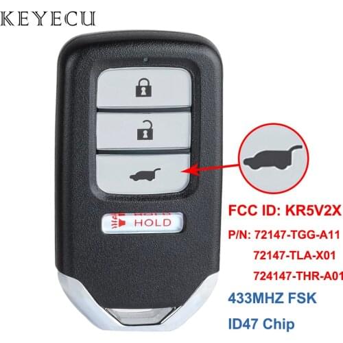 Keyecu FCC ID:KR5V2X Smart Remote Car Key Fob 4 Buttons 433MHz ID47 Chip for Honda Civic CR-V Odyssey Pilot 2016 2017 2018 2019