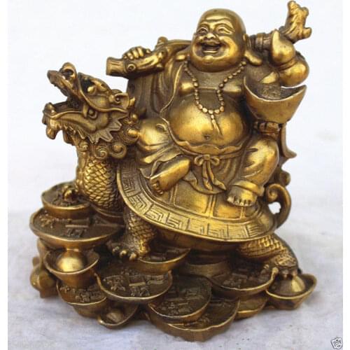 Chinese Copper Wealth Money Happy Laugh Maitreya Buddha On Dragon Turtle Statue